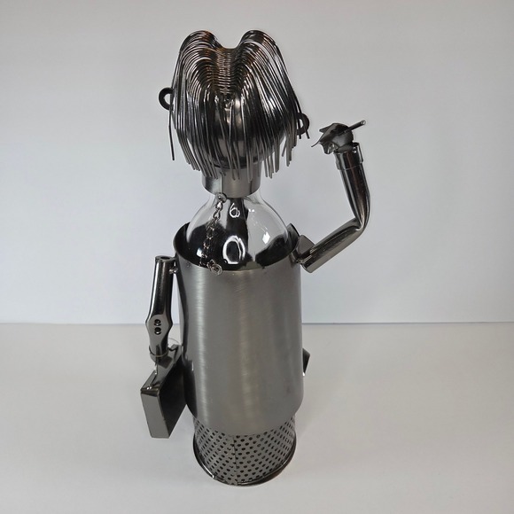 Whimsical Metal Wine Bottle Holder Sculpture Businesswoman Novelty Decor - Picture 3 of 7